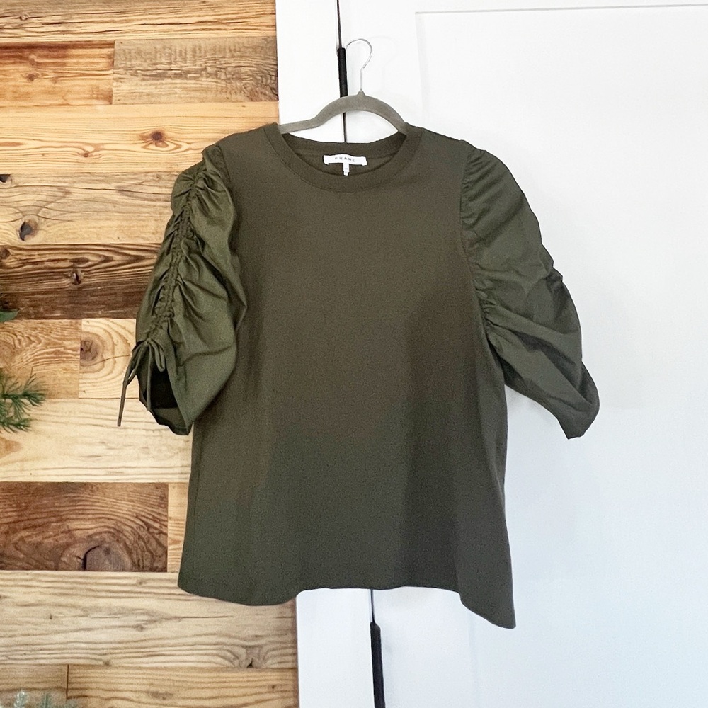 Frame Ruched Tie Sleeve Tee in Fatigue Large - Picture 4 of 6
